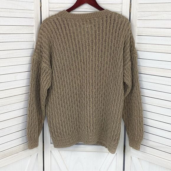 Express 90s Vintage Hand Knit Oversized Chunky Sweater Tan Taupe Medium V Neck - Picture 8 of 11